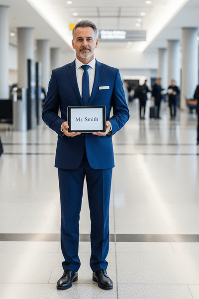 Chauffeur professionnel Hopyou tenant une pancarte d'accueil personnalisée