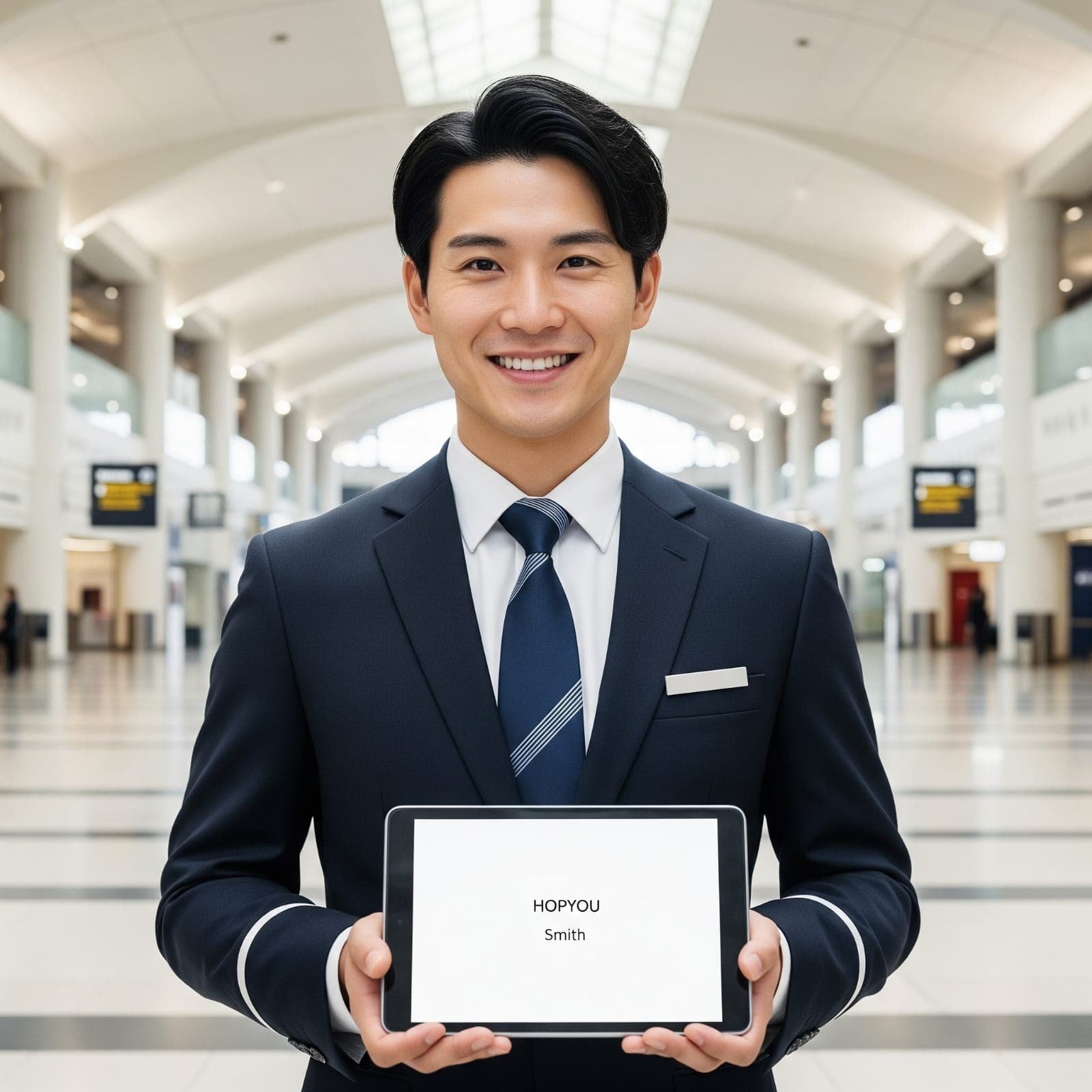 Chauffeur professionnel avec pancarte nominative à l'aéroport