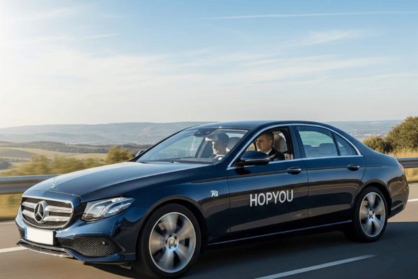 Aéroport moderne avec terminal illuminé, représentant les destinations desservies par les taxis Hopyou