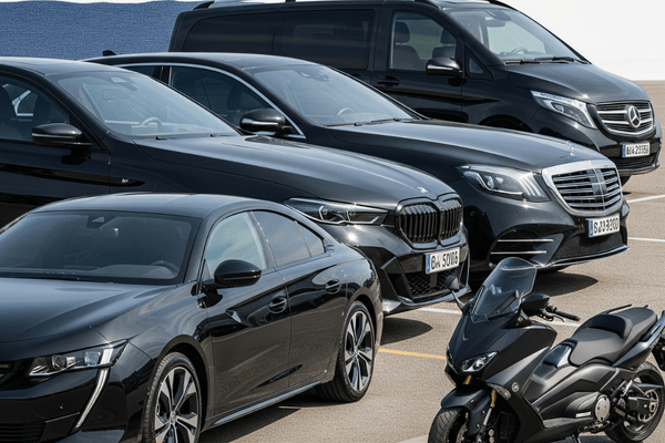 Interface de sélection de véhicules Hopyou montrant berlines, vans et motos